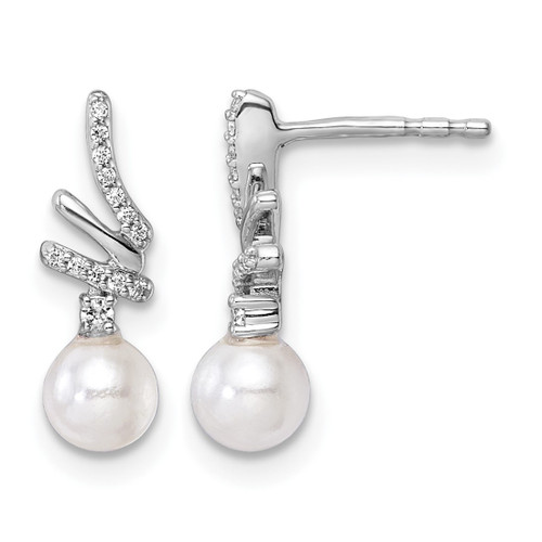 Rhodium-Plated 14K White Gold Polished 0.102ct Diamond and White Cultured Freshwater Pearl Drop Post Earrings, 16.45 mm