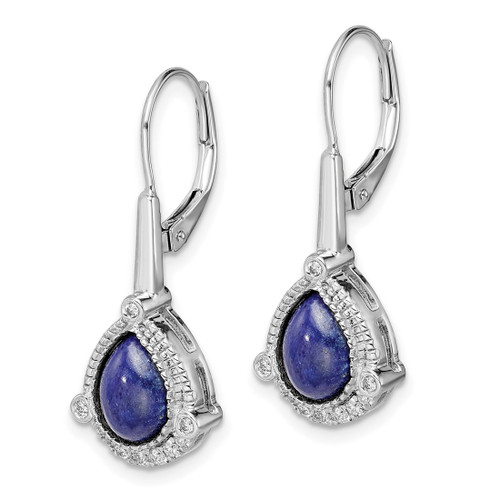 Rhodium-Plated 14K White Gold Pear Blue Lapis and 0.14ct Diamond Leverback Drop Earrings, 28.25 mm - View 2