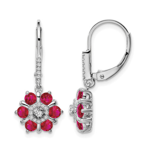 Rhodium-Plated 14K White Gold Ruby and 0.14ct Diamond Floral Leverback Drop Earrings, 26 mm