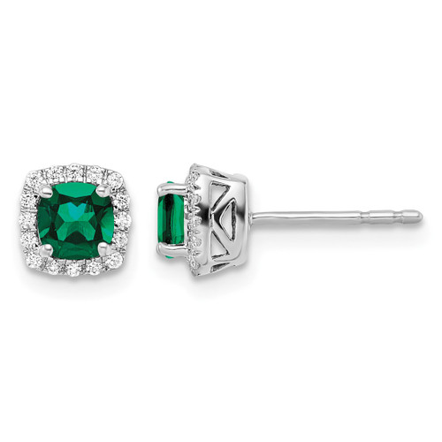 Rhodium-Plated 10K White Gold 0.112ct Lab-Grown Diamond and Lab-Created Emerald Square Halo Stud Earrings, 6.5 mm