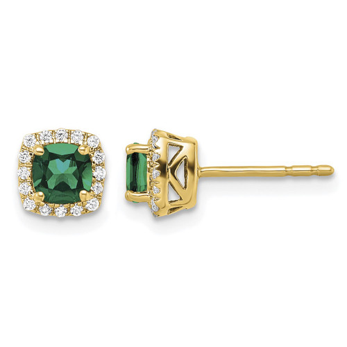 14K Yellow Gold 0.112ct Lab-Grown Diamond and Lab-Created Emerald Square Halo Stud Earrings, 6.5 mm