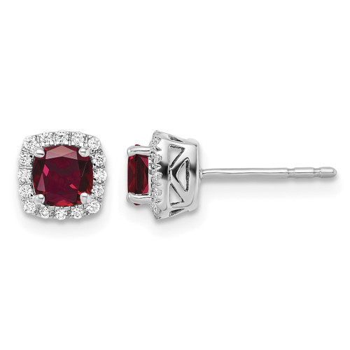 Rhodium-Plated 10K White Gold 0.112ct Lab-Grown Diamond and Lab-Created Ruby Square Halo Stud Earrings, 6.5 mm