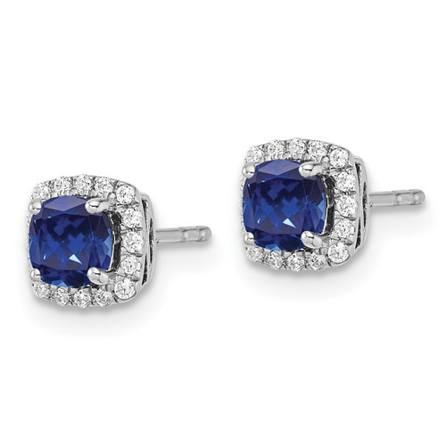 Rhodium-Plated 14K White Gold 0.112ct Lab-Grown Diamond and Lab-Created Sapphire Square Halo Stud Earrings, 6.5 mm - View 2