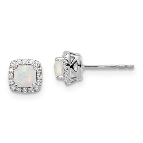 Rhodium-Plated 10K White Gold Cushion Cabochon Lab-Created Opal and 0.112ct Diamond Stud Earrings, 6.53 mm