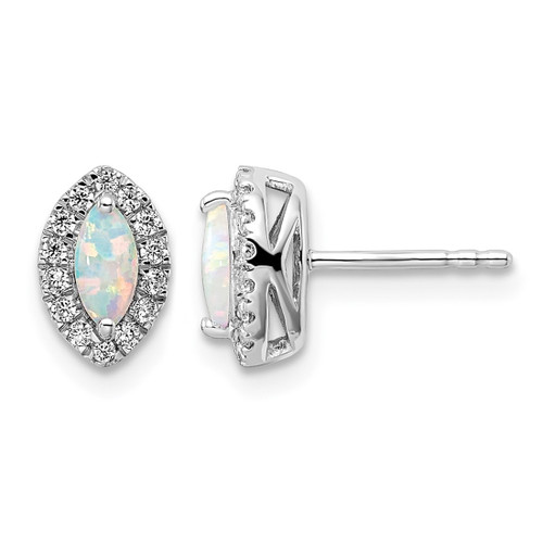 Rhodium-Plated 14K White Gold 0.216ct Lab-Grown Diamond and Lab-Created Opal October Birthstone Stud Earrings, 9.5 mm