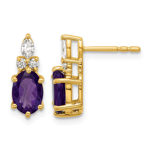 14K Yellow Gold 0.174ct Diamond and 7 x 5 mm Oval February/Amethyst Post Drop Earrings, 13.6 mm