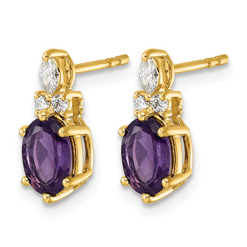 14K Yellow Gold 0.174ct Diamond and 7 x 5 mm Oval February/Amethyst Post Drop Earrings, 13.6 mm - View 2
