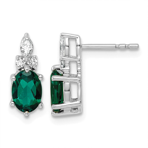 Rhodium-Plated 14K White Gold 0.174ct Diamond and 7 x 5 mm Oval May/Lab-Created Emerald Stud Earrings, 13.6 mm