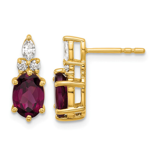 14K Yellow Gold 0.174ct Diamond and 7 x 5 mm Oval June/Rhodolite Garnet Post Drop Earrings, 13.6 mm