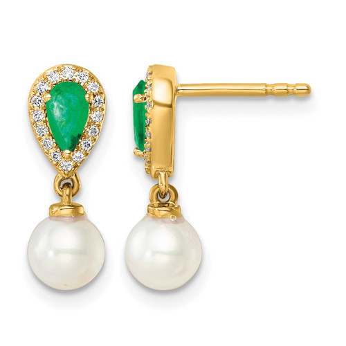 14K Yellow Gold White Round Cultured Freshwater Pearl/0.096ct Diamond/Pear Emerald Dangle Earrings, 15.5 mm