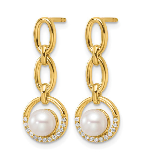 14K Yellow Gold Polished 0.096ct Diamond and White Cultured Freshwater Pearl Open Circle Dangle Earrings, 24.3 mm - View 2