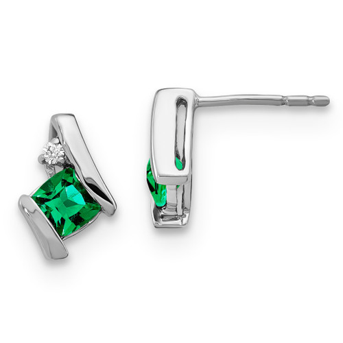 Rhodium-Plated 10K White Gold Lab-Created Emerald & 0.025ct Diamond Stud Earrings, 9.85 mm