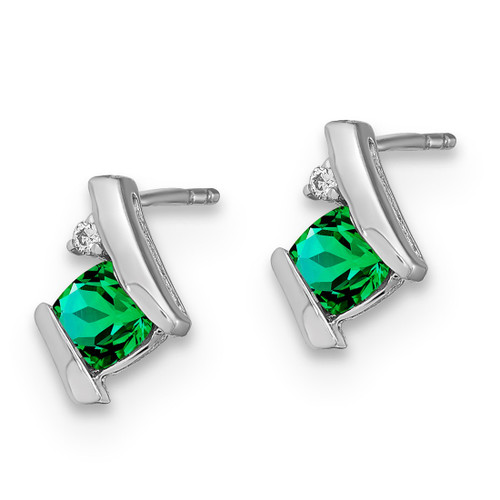 Rhodium-Plated 10K White Gold Lab-Created Emerald & 0.025ct Diamond Stud Earrings, 9.85 mm - View 2