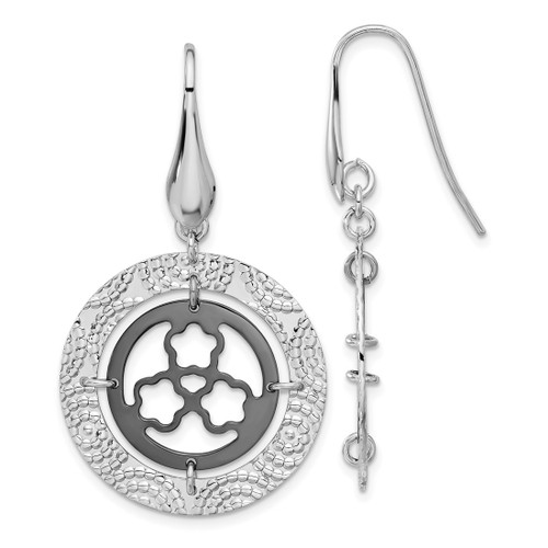 Ruthenium-Plated Sterling Silver and Ruthenium-Plated Textured Circle Drop French Wire Earrings, 48 mm