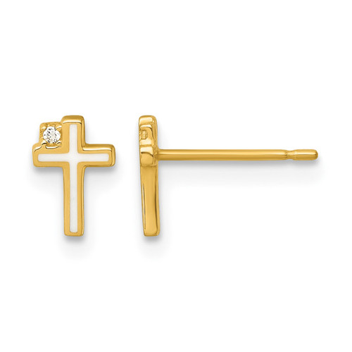14K Yellow Gold Madi K Polished White Enameled Cubic Zirconia Cross Children'S Stud Earrings, 7.05 mm