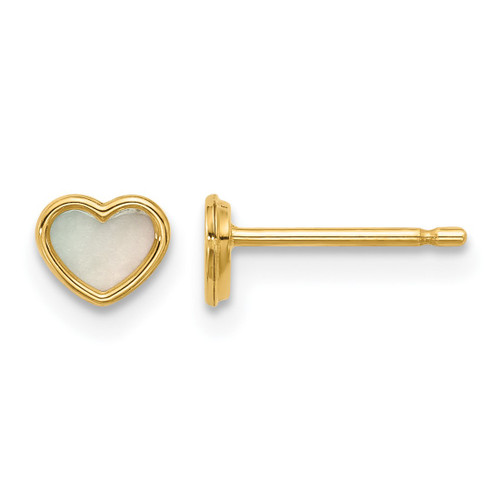 14K Yellow Gold Polished Mother of Pearl 5 mm Heart Stud Earrings, 4.4 mm Long