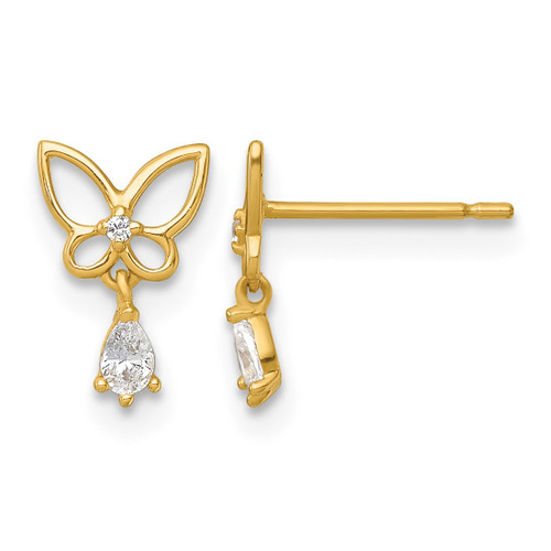 14K Yellow Gold Madi K Polished Open Butterfly with Cubic Zirconia Dangle Children'S Post Drop Earrings, 9.35 mm