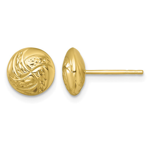 14K Yellow Gold Hollow 9 mm Polished Textured Hollow Button Stud Earrings, 8.9 mm Long