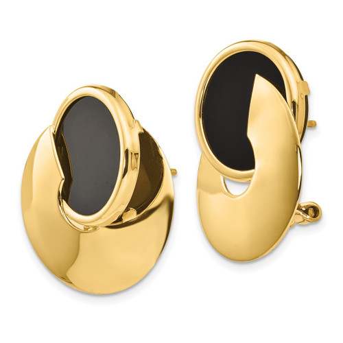 14K Yellow Gold Hollow Black Onyx Fancy Contemporary Omega Back Stud Earrings, 25 mm - View 2