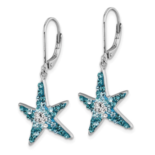 Sterling Silver Rhodium-Plated Polished Blue and White Crystal Starfish Leverback Drop Earrings, 35.6 mm - View 2