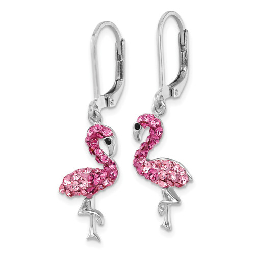 Sterling Silver Rhodium-Plated Polished Pink Crystal Flamingo Leverback Drop Earrings, 35.5 mm - View 2