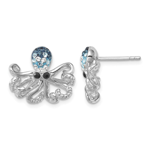 Sterling Silver Rhodium-Plated Polished Blue and White Crystal Octopus Stud Earrings, 14 mm