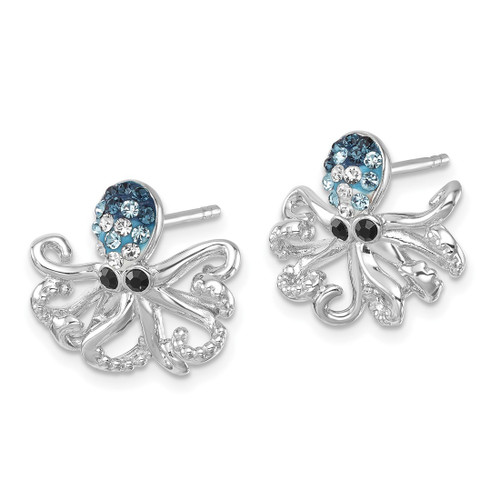 Sterling Silver Rhodium-Plated Polished Blue and White Crystal Octopus Stud Earrings, 14 mm - View 2