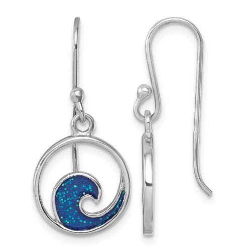 Sterling Silver Rhodium-Plated Enameled Wave Dangle French Wire Earrings, 28 mm