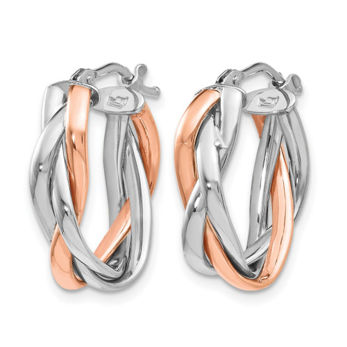 14K Yellow Gold Hollow with White Rhodium-Plated and Rose Gold Plating Polished Hinged Hoop Earrings, 21 mm - View 2