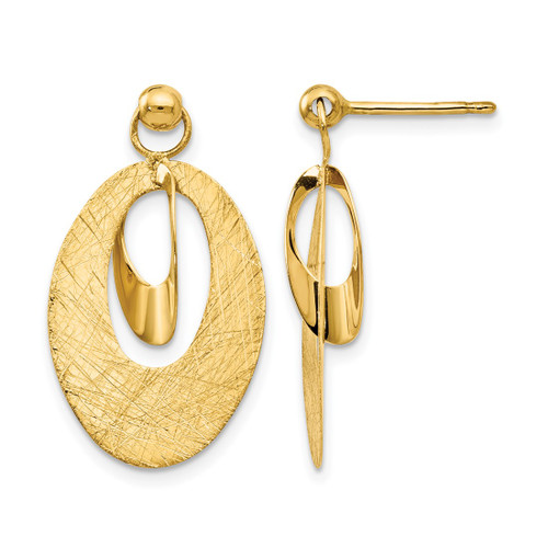 14K Yellow Gold Polished and Scratch Finish Oval Post Drop Earrings, 24 mm