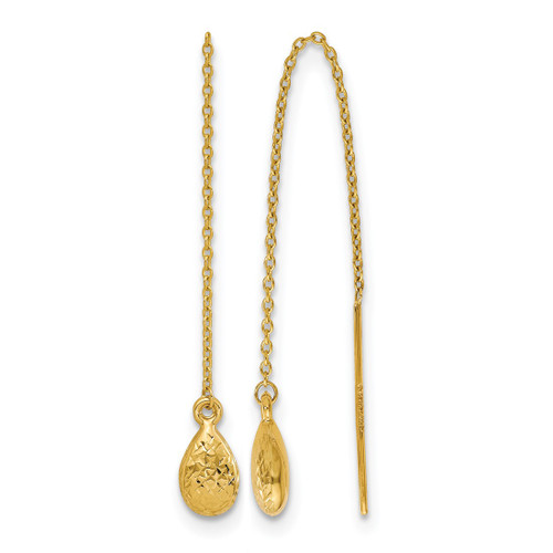 14K Yellow Gold Polished and Textured Tear Drop Threader Earrings, 94 mm