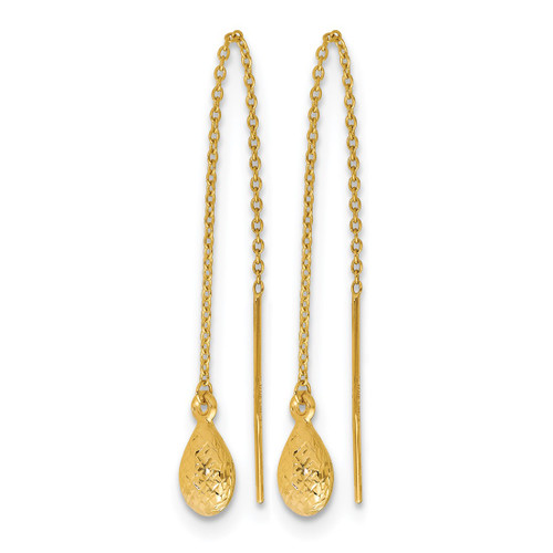 14K Yellow Gold Polished and Textured Tear Drop Threader Earrings, 94 mm - View 2