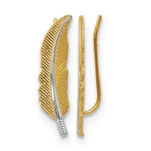 14K Yellow Gold Hollow with Rhodium Polished Feather Ear Climber Earrings, 22 mm