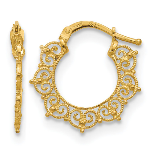 14K Yellow Gold Polished Fancy Pattern Hoop Earrings, 19 mm