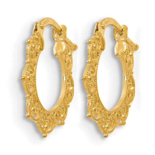 14K Yellow Gold Polished Fancy Pattern Hoop Earrings, 19 mm - View 2