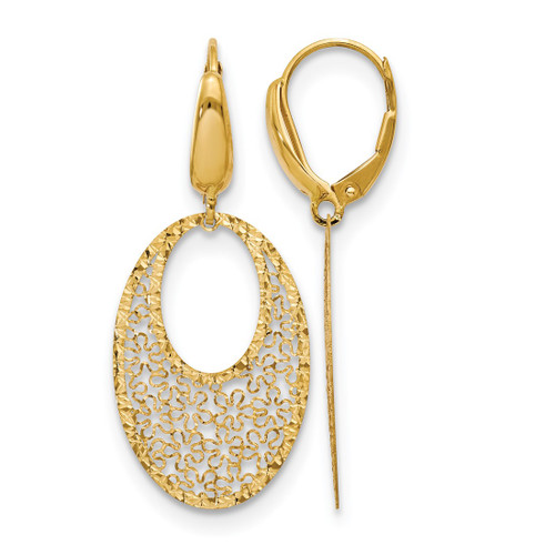 14K Yellow Gold Polished and Textured Floral Leverback Drop Earrings, 40 mm