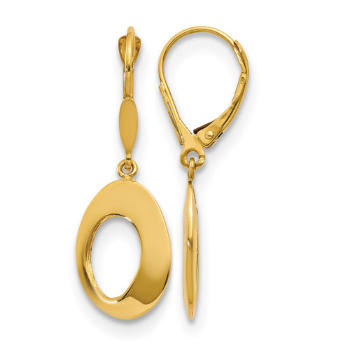 14K Yellow Gold Hollow Polished Hollow Circles Leverback Drop Earrings, 32 mm