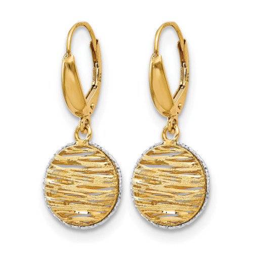14K Yellow Gold Hollow with Rhodium-Plated Polished Diamond-Cut Hollow Drop Leverback Earrings, 55.5 mm - View 2