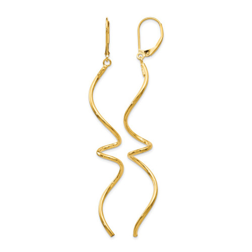 14K Yellow Gold Hollow Polished Twisted Leverback Drop Earrings, 76 mm