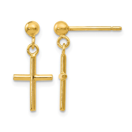 14K Yellow Gold Hollow Polished Cross Post Drop Earrings, 16 mm