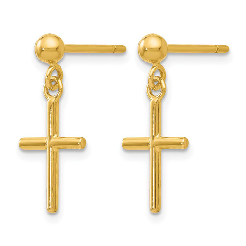 14K Yellow Gold Hollow Polished Cross Post Drop Earrings, 16 mm - View 2