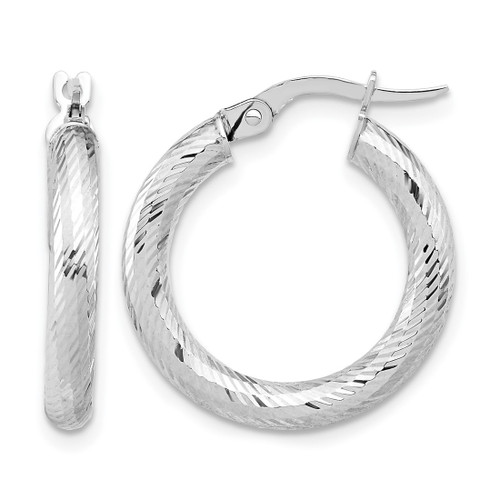 Rhodium-Plated 14K Yellow Gold Hollow 3 x 15 with White Rhodium Plating Diamond-Cut Round Hoop Earrings, 15 mm