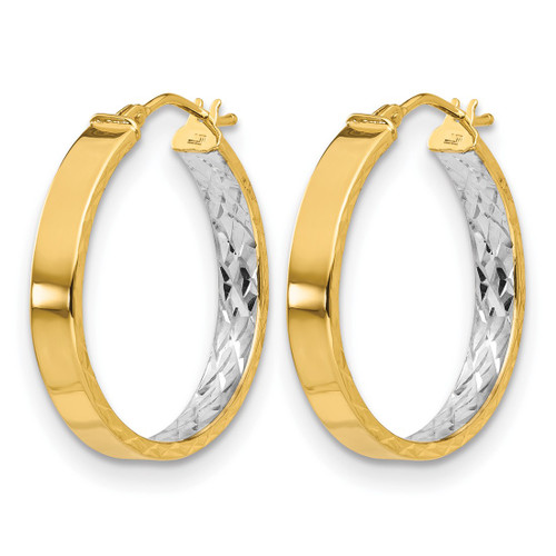 14K Yellow Gold Hollow with White Rhodium Polished and Diamond-Cut Hoop Earrings, 25 mm - View 2
