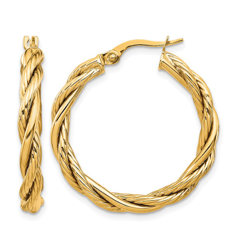 14K Yellow Gold Hollow Polished Twisted Hoop Earrings, 28 mm