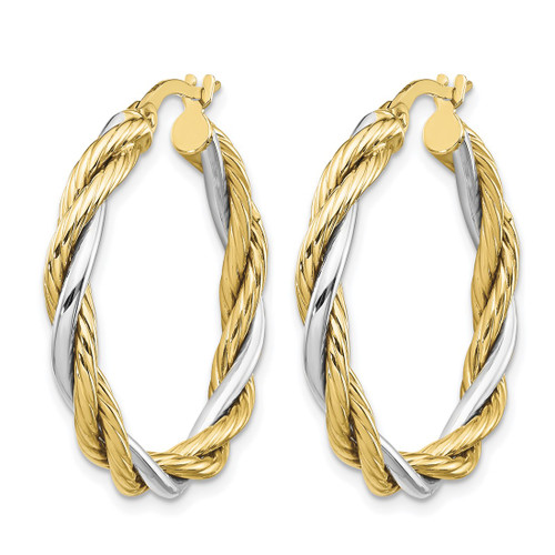 14K Yellow Gold with White Rhodium Polished Twisted Hoop Earrings, 28 mm - View 2