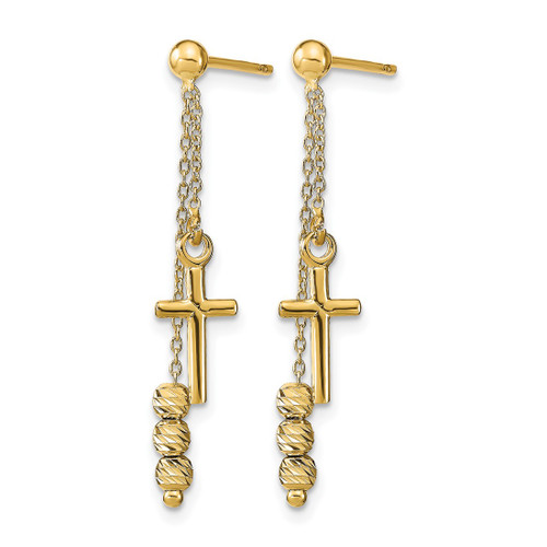 14K Yellow Gold Polished Diamond-Cut Cross Beaded Post Dangle Earrings, 31.99 mm - View 2