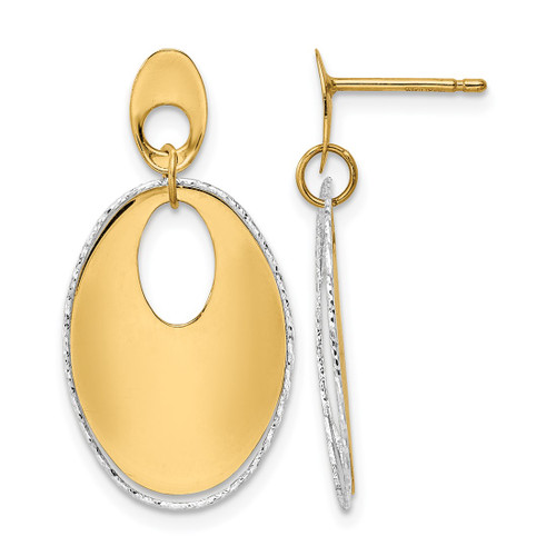 14K Two-Tone Gold Polished Textured Post Dangle Earrings, 29 mm