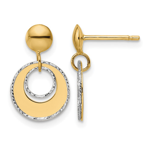 14K Two-Tone Gold Polished Textured Post Dangle Earrings, 16.5 mm