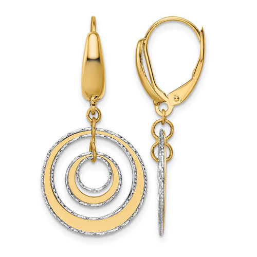 14K Two-Tone Gold Polished Textured Leverback Dangle Earrings, 35 mm