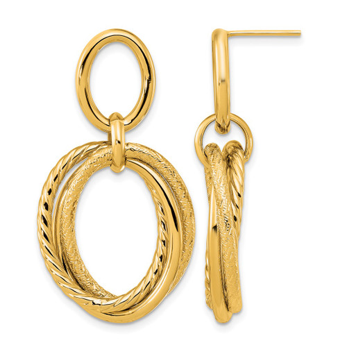 14K Yellow Gold Hollow Polished and Textured Post Dangle Earrings, 38.75 mm